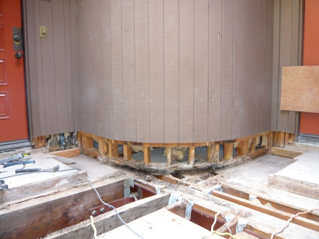 Radius deck wall sill plate termite damage and dry rot