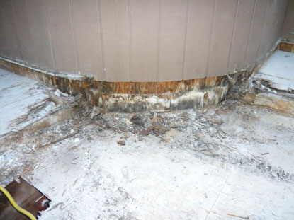 Courtyard deck sill plate dry rot and termite damage to perimeter radius out side wall