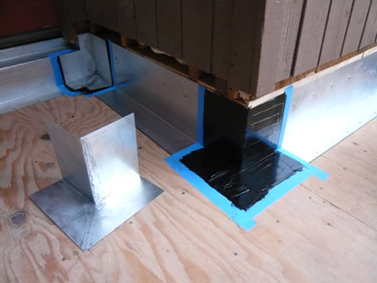 Urethane sealant applied to prior to installing deck corner flashing
