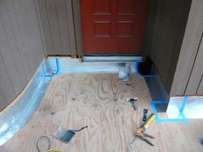 Prefabricated deck door sill pan, radius wall and corner flashings