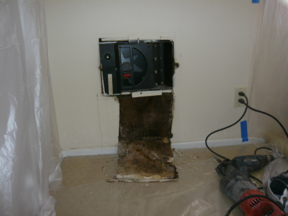 Section of drywall removed in an effort to identify the leak source